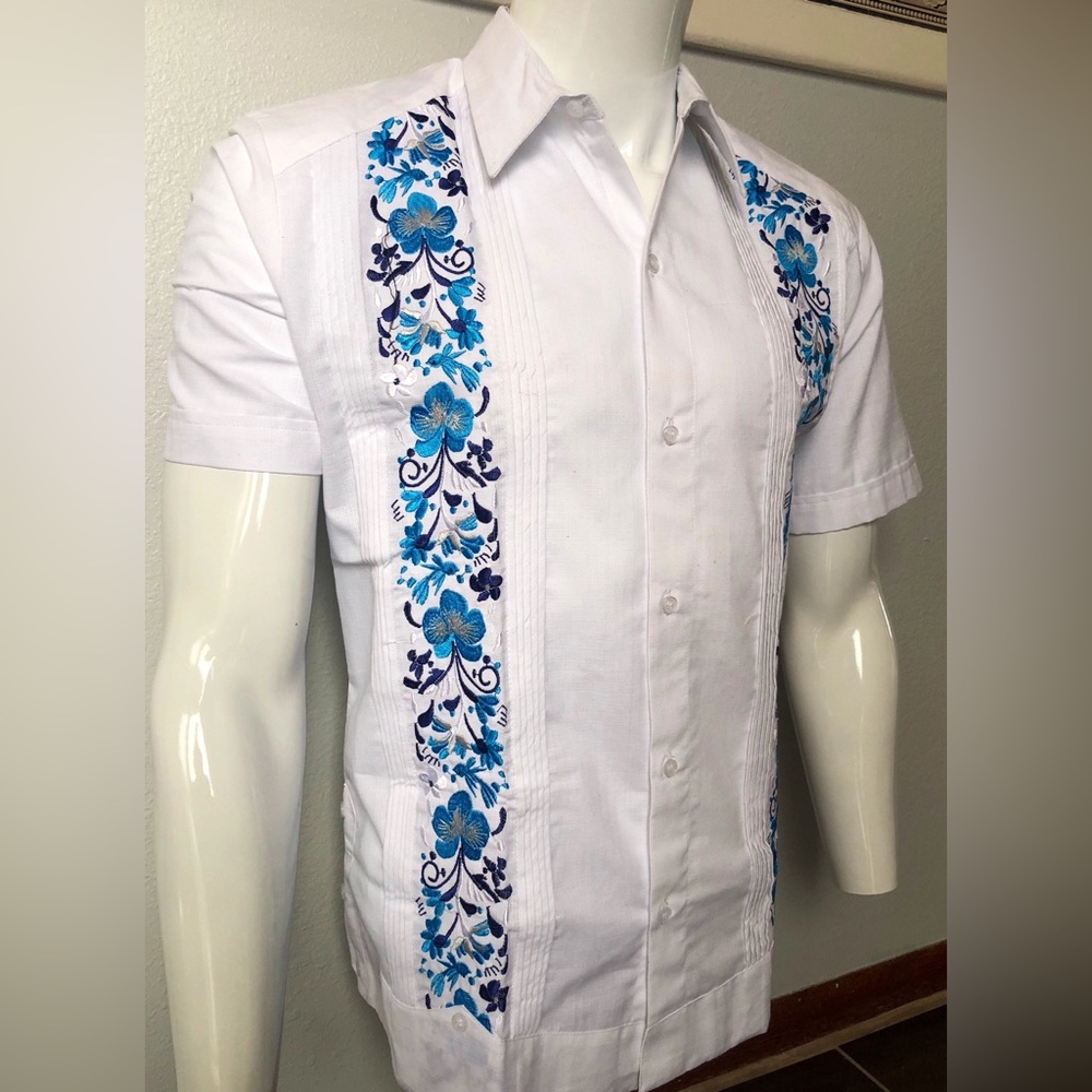 Mens Guayabera Wedding Shirt Hummingbird Flower Embroidery White Short Sleeve